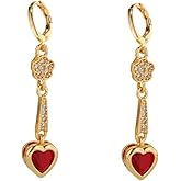 DIAMANTIO 18K Gold Plated Red Heart Dangle Earrings – Statement Sparkling Cubic Zirconia Drop Earrings with Floral Accents for Women