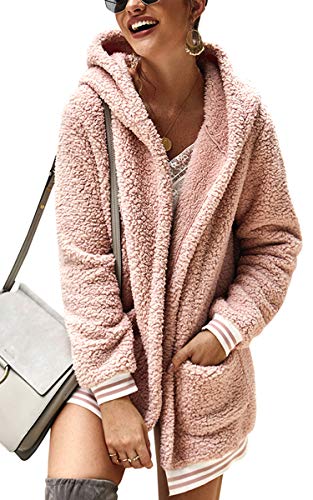 ECOWISH Women's Oversized Fuzzy Fleece Long Sleeve Open Front Hooded Jacket Cardigan Coat Top Winter Outwear with Pockets