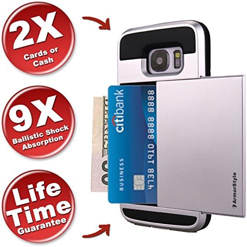 Best Samsung Galaxy S7 EDGE Card Case Thinnest S7 EDGE Wallet Case Hidden ID Card Holder Cash/Cards/IDs Rugged Fits In Pocket Buy Best S7 EDGE Card Case - ArmorStyle Slim Slide (Silver)