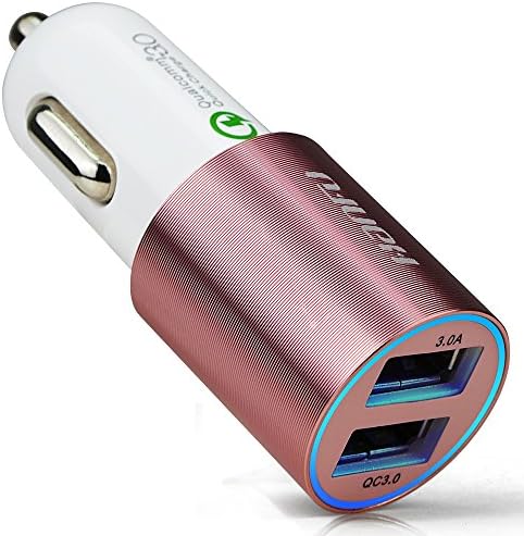 Hanfu Quick Charge 3.0 Car Charger Adapter Dual USB 2 Port for Android Phone Samsung S6 S7 Edge Universal iphone 6 6s Plus 7 ipad Metal Housing Blue Ring LED Indicator Light with Micro USB Cable
