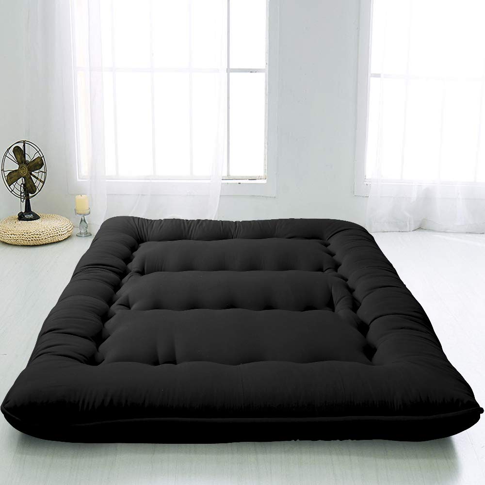Japanese Floor Mattress Futon Mattress, Thicken Tatami Mat Sleeping Pad Foldable Roll Up Mattress Boys Girls Dormitory Mattress Pad Kids Floor Lounger Pillow Bed, Black, Queen Size