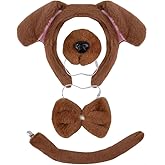 Plush Dog Costume Set with Dog Ears Headband, Nose, Bowtie and Tail, Animal Dress Up Accessories for Women Men Halloween Parties and Cosplay Brown