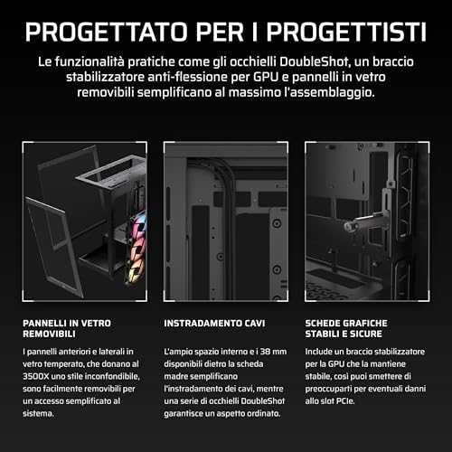 3500X RS-R ARGB Case PC Mid-Tower Panoramico – 3 Ventole RS120-R ARGB Preinstallate, Compatibile con Fino a 10 Ventole da 120 mm, Scheda Madre con Connessione Inversa Compatibile – Nero
