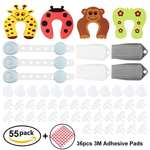 Eligara Baby Safety Protector Sets Include Child Safety Cabinet Locks (3Pcs) Corner Protector Guards (12Pcs) Outlet Plug Covers (32Pcs) Door Stopper (4Pcs) Door Stopper Wedge (4Pcs) + 3M Adhesive Pads