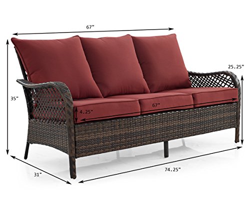 Ulax 3 Seater Seating Outdoor Wicker Patio Sofa with Cushions Brown Wicker Couch
