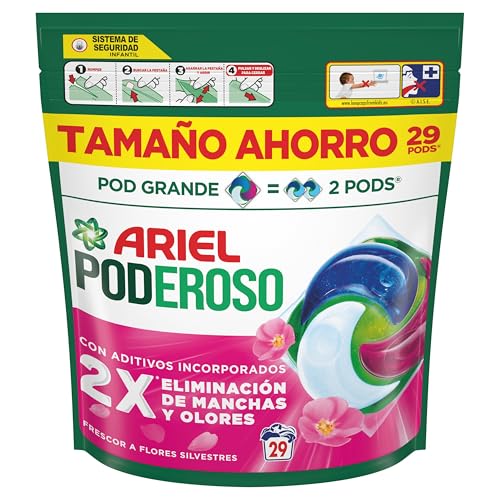 Pods PODEROSO Detergente lavadora capsulas | 29 Lavados | Frescor Silvestre | POD GRANDE = 2 PODS | 2X eliminación de manchas y olores