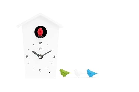 KOOKOO Birdhouse Mini Weiß, kleine Moderne Kuckucksuhr, Design Wanduhr mit 12 Vogelstimmen oder Kuckuck, Aufnahmen aus der Na