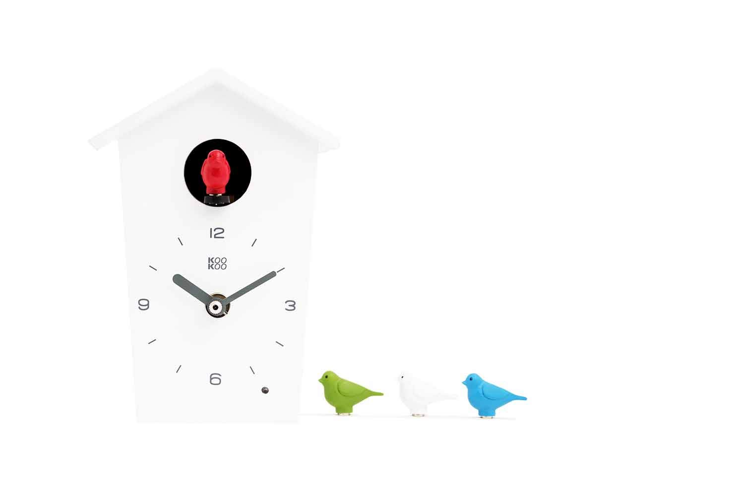 KOOKOO BirdHouse mini white, tiny modern cuckoo clock w. 12 natural bird voices or cuckoo call