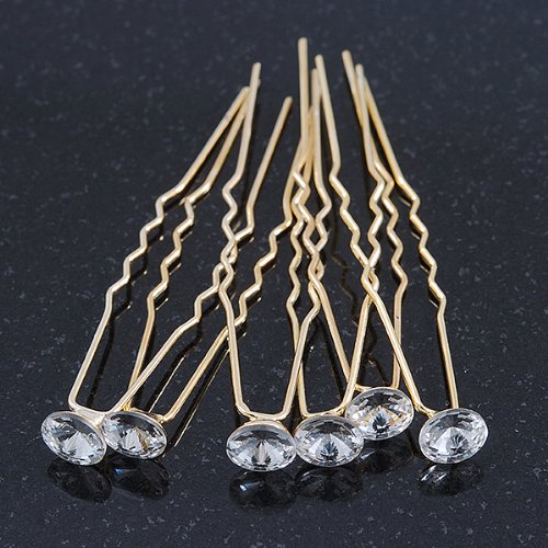 Bridal/ Wedding/ Prom/ Party Set Of 6 Gold Plated Crystal Bead Hair Pins