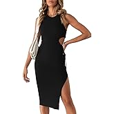 Valiamcep Women's 2023 Summer Sleeveless Midi Dress Crew Neck Waist Cut Out Split Slit Tank Dress Ribbed Bodycon Dress