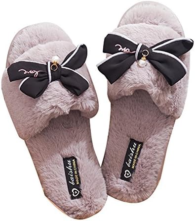 Nerig Women's Fashion Cute Bowknot Warm House Slippers Grey 7-8 D(M) US