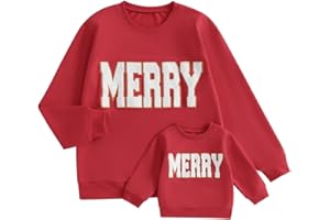 PUDCOCO Family Matching Mommy and Me Christmas Sweatshirt Long Sleeve Crewneck Merry Embroidery Pullover Top