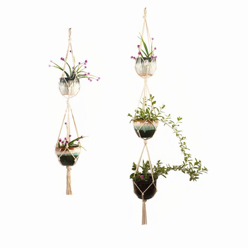 DODXIAOBEUL Plant Hanger, Double Plant Hanger Indoor Outdoor Hanging Planter,Hanging Plant Holder-Handmade Cotton Rope 4 Legs 2 Tier 49”3 Tier 68”(Supports 5 Flower Pots) 2 Pack