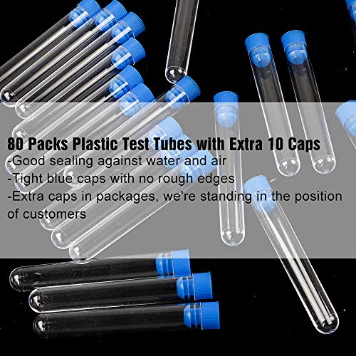 DEPEPE 80pcs 16×100mm Clear Plastic Test Tubes with Blue Caps for Scientific Experiments, Halloween, Christmas, Kids Birthday Party Supplies, Decorate The House, Candy Storage