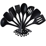 4YANG Silicone Spatula Cooking Utensil Set Heat Resistant Kitchen Gadgets (8 Pieces)-Includes:Turner, Slotted spoon , Ladle ,Spoon, Spoon Spatula, Spoonula, Spatula & Basting brush (Black)