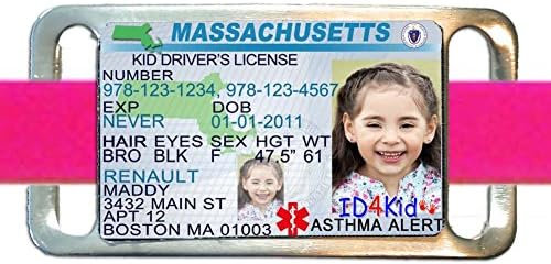 Massachusetts Drivers License Child Kid Photo ID Bracelet Medic Alert Adult PINK Personalize Girls Elderly Med Lost ID4Kid IDBRACE_MED_HP_MA