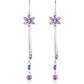 Threader Earrings Sterling Silver Purple Crystal Cubic Zirconia Flower Dangle Earrings Holiday Birthday Jewelry Gifts for Women