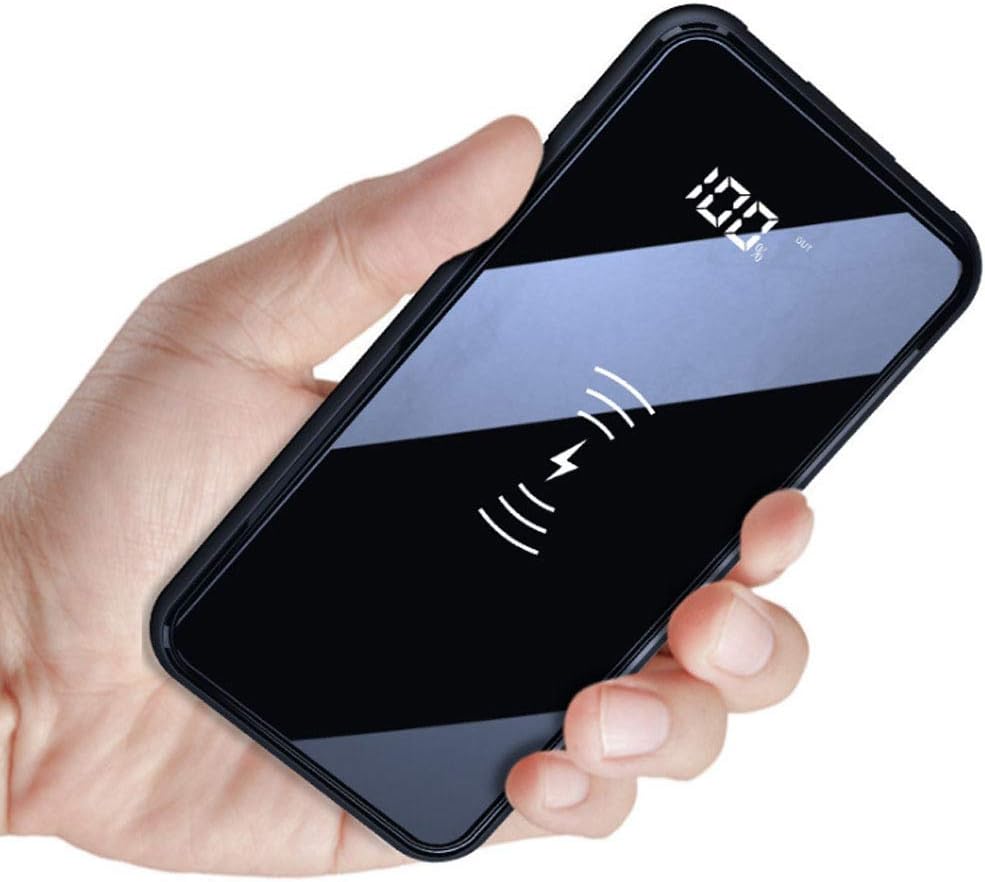 Innens Qi Wireless Power Bank Digital Display Ultra-Thin Full Mirror with Stand Wireless Charging, 10000MAH for Apple Android Type-c Fast Charger (Black)