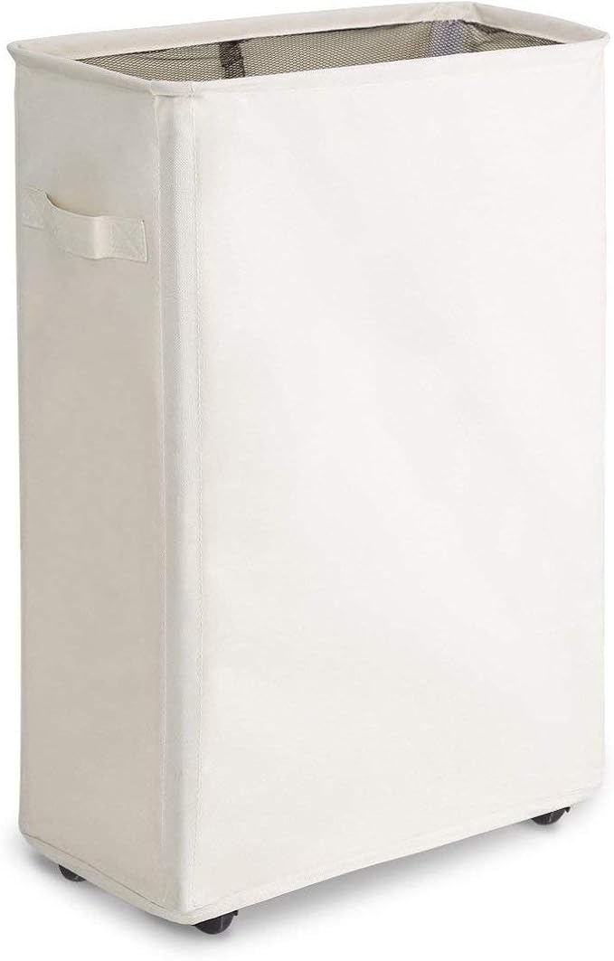 UUE Cesto Portabiancheria Su Ruote 2 Scomparti, In Plastica, Con Ruote A 360° E Freni, Bianco, 75x38x23 Cm
