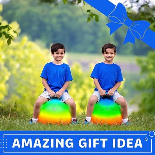 Xino Sports Hopping Ball for Kids - Rainbow Bouncy Ball with Handle, Fun Indoor and Outdoor Toy for Exercise & Play, Hopper for Jumping, Safe and Durable (18 Inch Diameter)