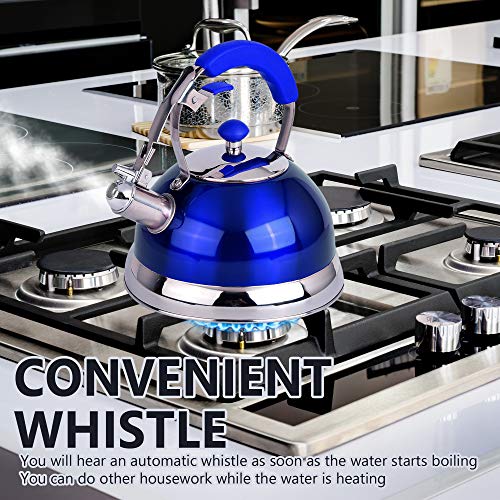 Premium Quality 18/8 Food Grade Heavy Gauge Blue Stainless Steel Whistling TEA KETTLE with Ergonomic Soft Grip Anti-Hot Handle BY UNIWARE- Stovetop pot 2.7 qt. 12 Cup Teapot - Thumbnail 3