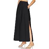 Skrtimory Womens Maxi Slit Skirt Elastic Waist Drawstring Long Skirts for Women with Pockets