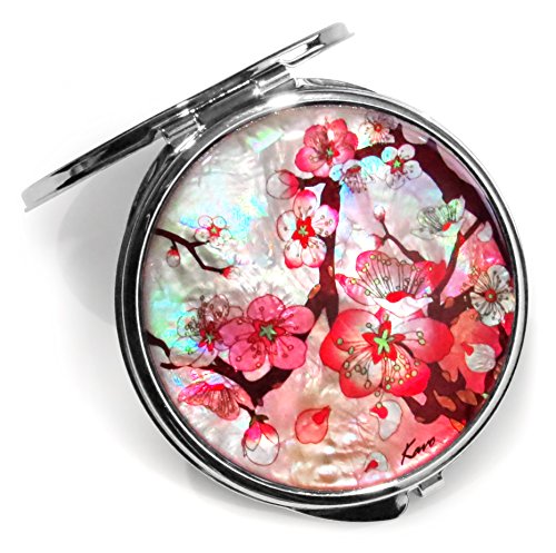 Pink-Makeup-Mirror-Mother-of-Pearl-Metal-Dual-Compact-Folding-Magnify-Apricot-Tree-Flowers-Design