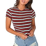 Handyulong Women Shirts Clearance Teen Girls Casual Short Sleeve Color Block Stripe Elastic Tunic T-Shirt Blouse Tops
