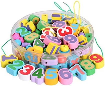 M MOCHOHOME 85 Pieces Wooden Numbers and Math Signs Lacing Beads Toy in Box