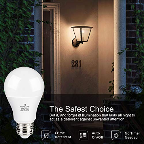 A19 LED Dusk to Dawn Light Bulb,Hansang Sensor Light Bulbs with Photocell,2700K Warm White,9W (60W Equivalent),E26 Medium Base,Outdoor Light Bulb for Porch,Patio,Hallway,Auto On/Off,750LM,2 Pack
