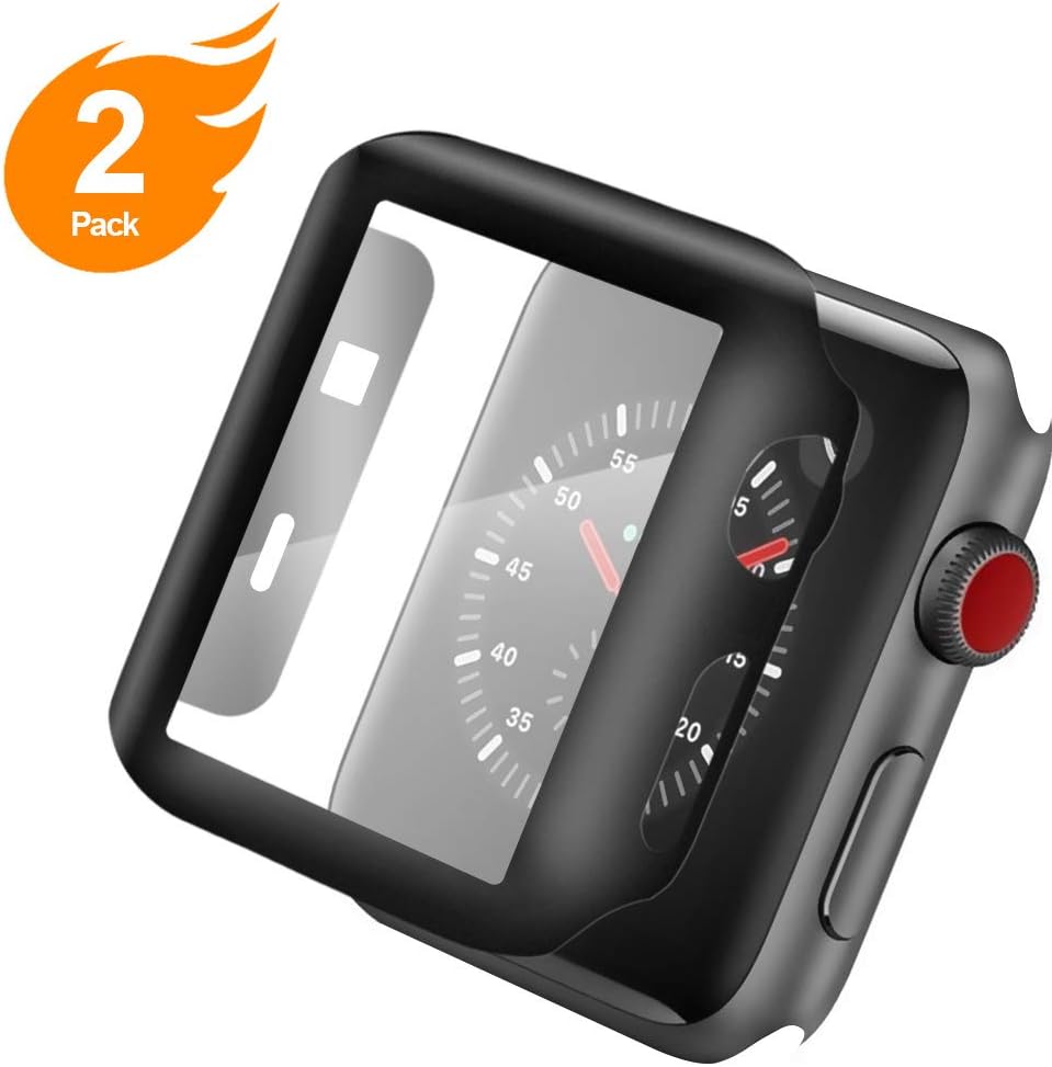 AsBellt Case with Tempered Glass Screen Protector for Apple Watch 42mm Series 3/2, [2 Pack][Tempered Glass+Hard PC Frame] Ultra Clear Anti-Scratch Overall Protection Cover for iWatch 42mm