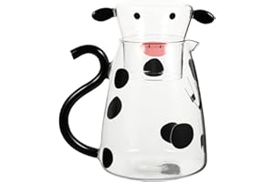 DECKALY Bedside Water Carafe and Glass Set, 18 OZ Glass Pitcher & 4 OZ Cup, Bedside Night Carafe Pitcher and Water Glass Tumbler Set, Cute Cartoon Cow Glass Water Pitcher with Cup Set for Bedroom (18 oz)