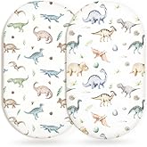 Bassinet Sheets for Baby Girls Boys 2 Pack, Fitted Baby Mattress Sheet for Rectangle, Oval, Hourglass Bassinet Mattress, Breathable Cozy & Universal Fit (Dino Pals, Bassinet Sheet)