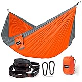 XSPOLVE Double Camping Hammock with Hammock Tree Straps，Portable Parachute Nylon Hammock for Hiking Backpacking(Gray &Orange)