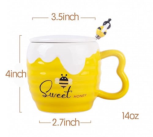 Mozacona Embossed Ceramic Honey Jar Coffee Mug with Lid and Bee Spoon : Mozacona Ceramic Mug Bee Honey Jar Relief Coffee Mug
