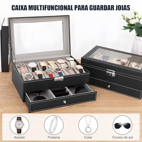 Gavzrt Caixa de Relógio com 12 Compartimentos, Caixa para Relogio, Porta Relógio Masculino, Porta Joias Masculino, Caixa de Exibição de Relógio de 2 Camadas com Tampa de Vidro Grande, Caixa de Joias