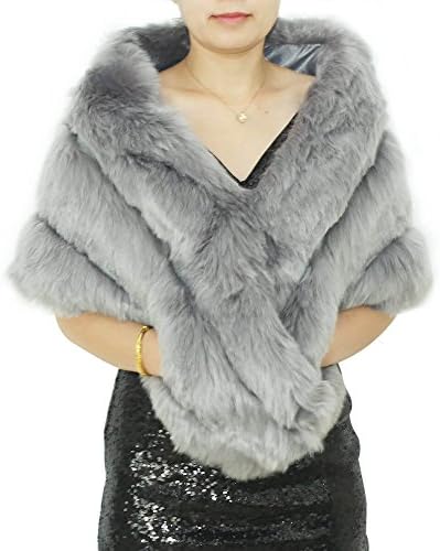 Dressblee Faux Fur Wrap Shawl Shrug Bolero Cape With side pockets, Bridal Faux Fur Jacket coat shawls -grey