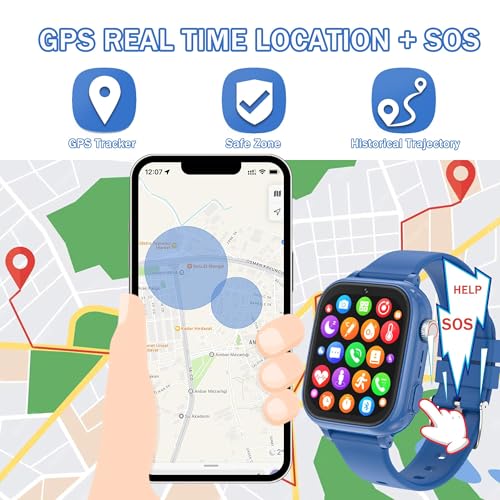 pmstuy Children's GPS Smart Watch, 4G Teen Smart Watch with Telephone, Video Call, WiFi, Bluetooth, SOS, Class Mode, Face ID, App Store, Whatsapp, Alarm Clock, IP68 Smartwatch Children Gifts (Blue)