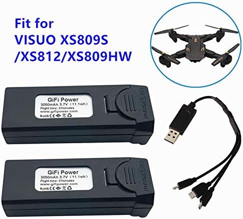 Gifi Power 3.7V 3050mAh LiPo Battery for VISUO XS809S Drone XS812 XS809HW RC Drone Battery 2 Pack with USB Charging Cable