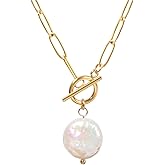 TaYolnFaSo Pearl Gemstone Pendant Paperclip Toggle Necklace 18k Gold Plated Natural Pearl Stone Birthstone Chain Necklace Paperclip Jewelry Valentine's Day Gift for Women