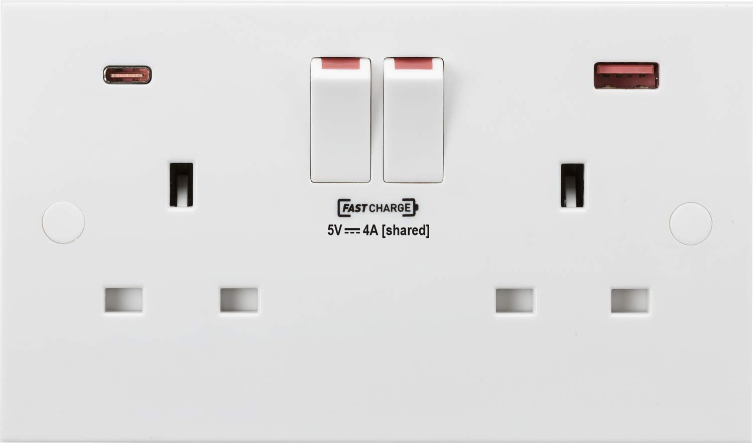 Knightsbridge White Square edge Plastic 13A 2G DP Switched Socket with Dual USB FASTCHARGE ports (A + C)