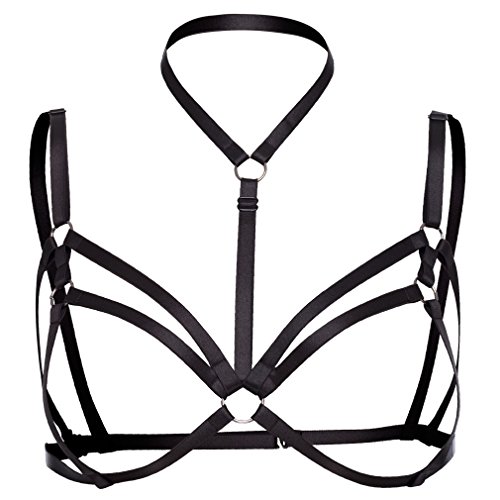 Women Body Harness Bra Waist Belt Strappy Crop Tops Goth Punk Pentagram Festival Rave Bralette (Black O0394)