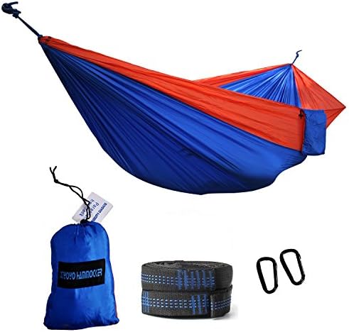 XiYoYo Single Parachute Nylon Camping Hammocks for 1 Person 108x55inches Survival Gear with Straps and Carabiners For Backpacking,Camping,Hiking,Travel,Beach,Yard (Orange/Royal Blue)
