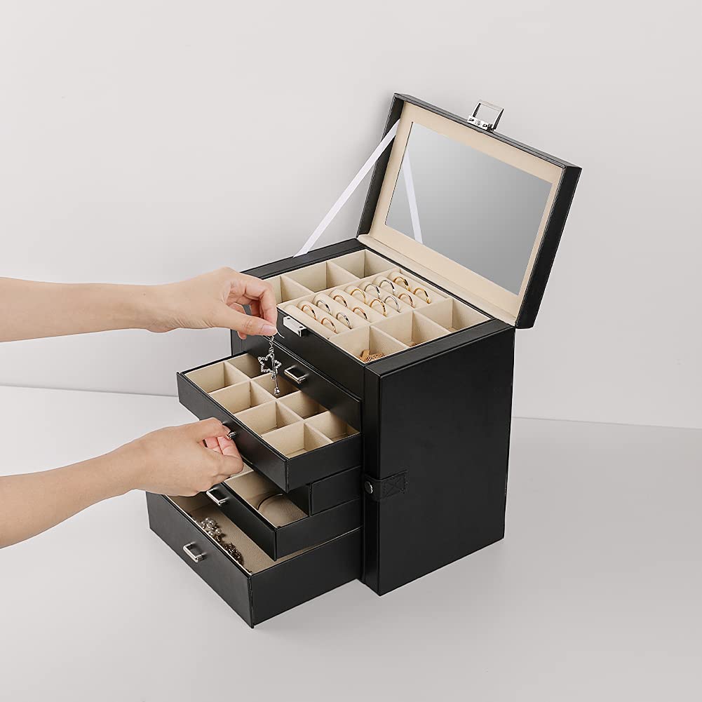 Frebeauty Frebeauty Large Jewelry Box,6-Tier PU Leather Jewelry Organizer,Multi-functional Storage Case with Mirror,Accessories Holder with 5 Drawers for Necklace Bracelets Watches(Black)