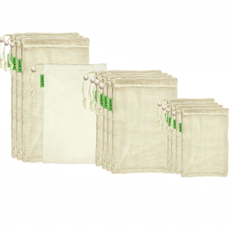 E-Know Vegetable Bags Made of Cotton, Set of 11 Fruit and Vegetable Bags, Natural Mesh Cotton, Zero-Waste (3 Small, 4 Medium, 3 Large, 1 Storage Bag) Reusable