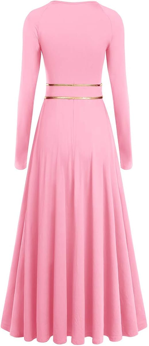 IBAKOM Women Metallic Gold Liturgical Praise Dance Worship Dress Color Block Long Loose Fit Full Length Church Robe Dancewear: Clothing