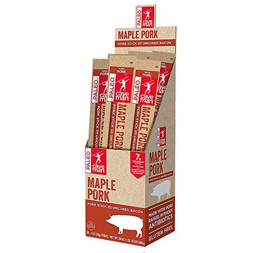 Caveman Foods Paleo - Certified, Keto Friendly, Gluten Free, Low Carb Maple Pork with Uncured Bacon Snack Stick, 1 Ounce, 20 count