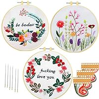 Embroidery Kit Cross Stitch Kit with Pattern, Nuberlic 3 Pack Embroidery Kit for Adults Beginners Stamped Embroidery Fabric Hoops Threads Needles Craft Projects