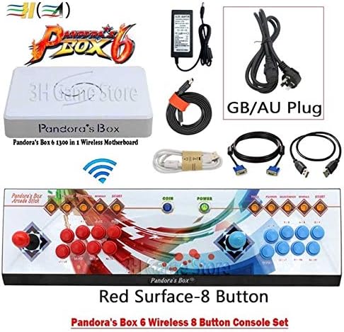 Cholyme LLC 1 Set 8 Button Pandora Box 6 1300 in 1 Wireless Iron Console Set 2 Players Arcade Controller Support FBA mame ps1 3D can add 3000 Game 8b Wireless red GB