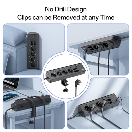 6-Way Power Strip with 3 USB PD 30 W, Kemelo Multiple Socket with Switch, 9 in 1 Table Socket Surge Protection Desk Accessories, 2 m Extension Cable Desk Socket, Black